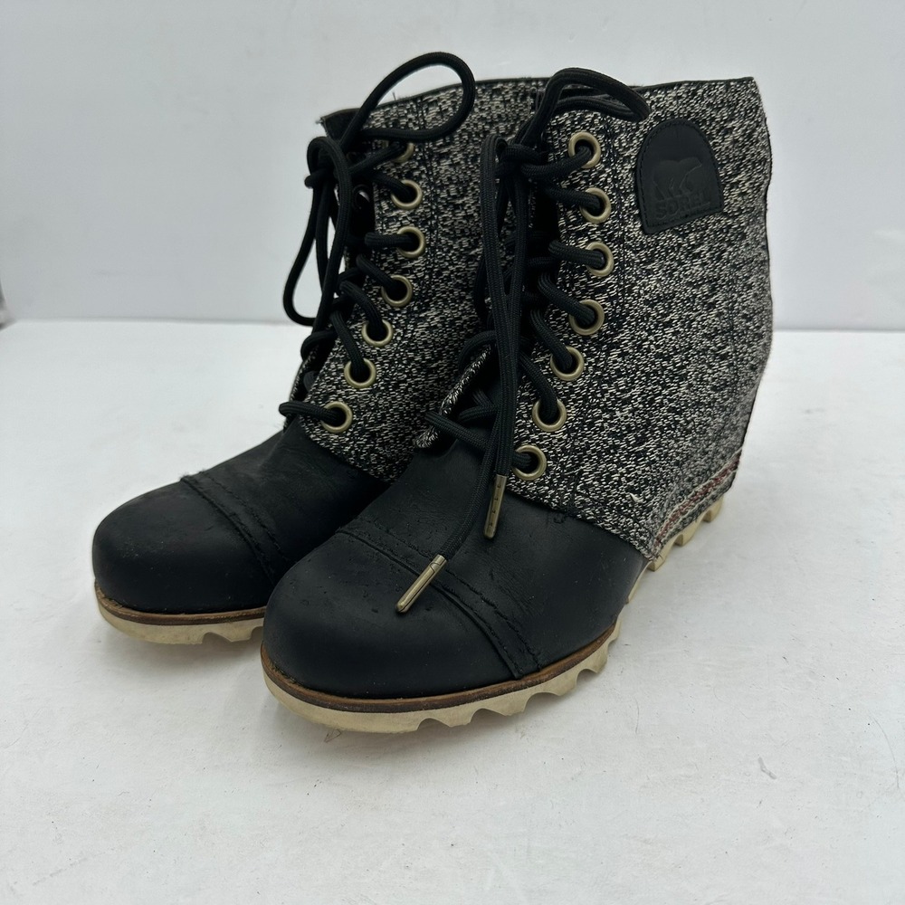 Sorel Joan of Arctic Wedge II Boots Black Salt Pepper Leather Ankle Size 8.5